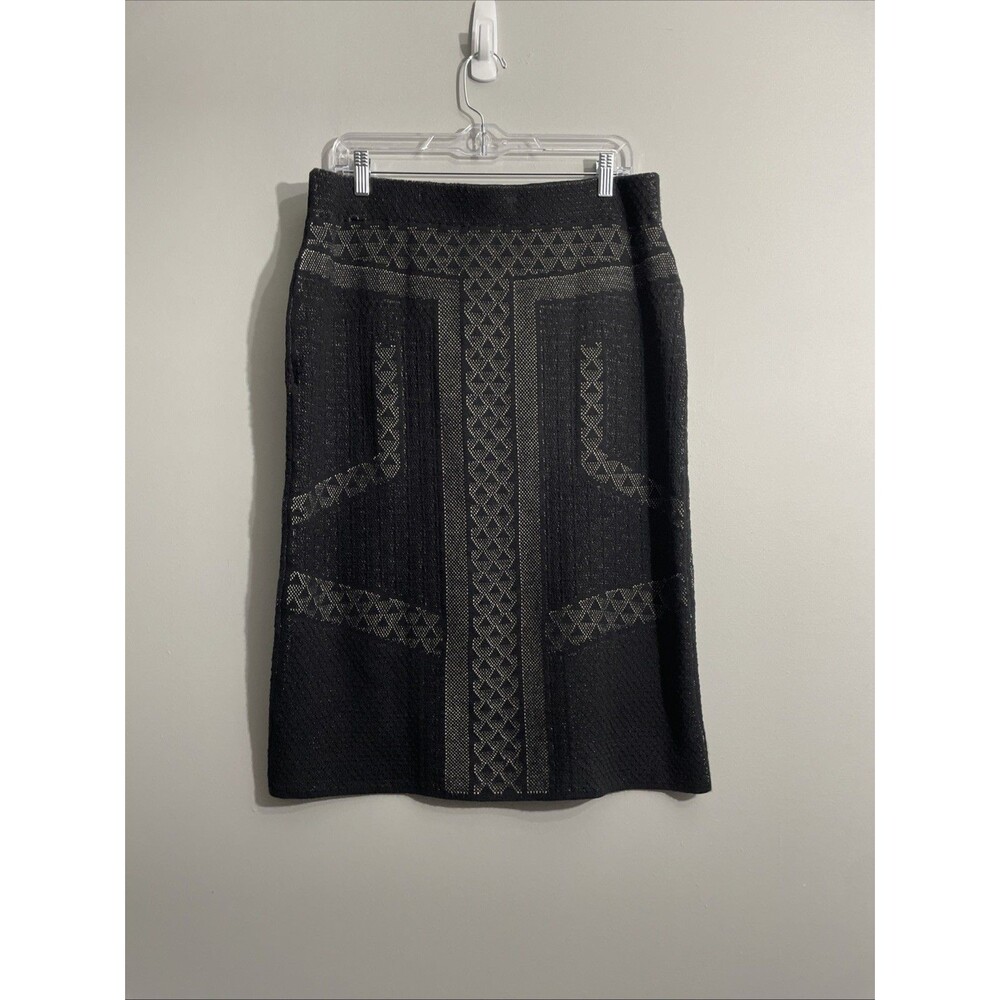 Cato 14/16W Black Art Deco Print Skirt Pull-On Stretch Knit Knee Length Office
